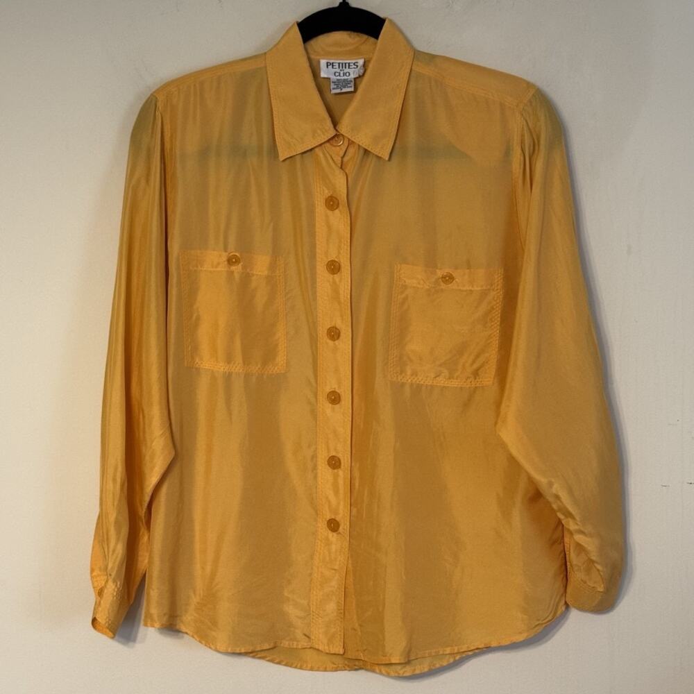 Petites by Clio Women's P Silk Button Up Blouse Yellow Minimalist Classic Office